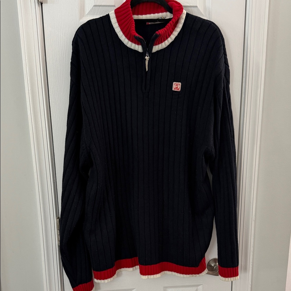Men's Old Skool Navy Zip-Up Sweater with Red and White Trim